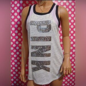 VICTORIA'S SECRET PINK MARL GREY BLING RIBBED NECK LOGO SEQUIN TANK S
